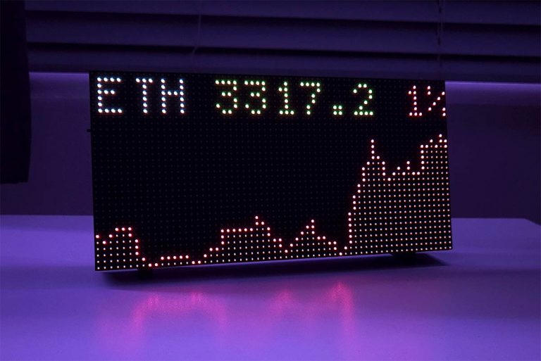 Crypto Stock Ticker showing an Ethereum price chart in purple ambient light