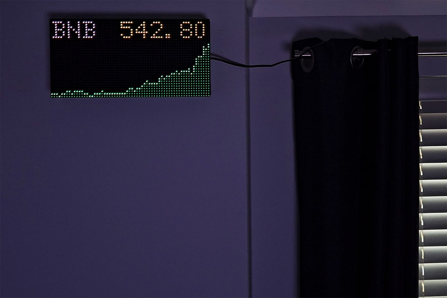 Ticker mounted on a wall and displaying a BNB price chart