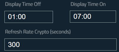 Browser setup screen showing display on and off times and the refresh rate setting